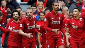 Liverpool's Mohamed Salah celebrates scoring their third goal with teammates against Southampton.(REUTERS) Liverpool's Mohamed Salah celebrates scoring their third goal with teammates against Southampton.(REUTERS)