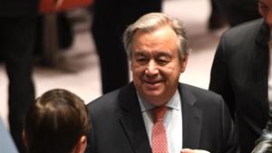 US ambassador to the United Nations stands with Secretary-General António Guterres before Palestinian leader Mahmud Abbas addressed the United Nations Security Council on February 20, 2018.(AFP) US ambassador to the United Nations stands with Secretary-General António Guterres before Palestinian leader Mahmud Abbas addressed the United Nations Security Council on February 20, 2018.(AFP)