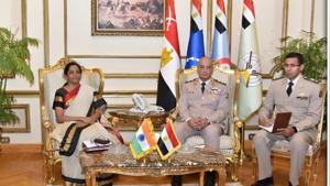 Defence minister Nirmala Sitharaman in a bilateral meeting with Lt Gen Mohamed Ahmed Zaki, Hon’ble Minister of Defense, Egypt, discussing the bolstering of strategic ties between the two nations.(Raksha Mantri/Twitter) Defence minister Nirmala Sitharaman in a bilateral meeting with Lt Gen Mohamed Ahmed Zaki, Hon’ble Minister of Defense, Egypt, discussing the bolstering of strategic ties between the two nations.(Raksha Mantri/Twitter)