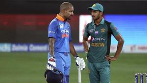 India's Shikhar Dhawan, left, interacts with Pakistan's Hasan Ali during the one day international cricket match of Asia Cup between India and Pakistan in Dubai(AP) India's Shikhar Dhawan, left, interacts with Pakistan's Hasan Ali during the one day international cricket match of Asia Cup between India and Pakistan in Dubai(AP)