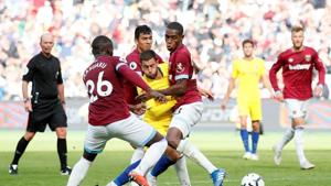 Chelsea's Eden Hazard in action with West Ham's Arthur Masuaku.(REUTERS) Chelsea's Eden Hazard in action with West Ham's Arthur Masuaku.(REUTERS)