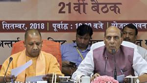 Union home minister Rajnath Singh and Uttar Pradesh chief minister Yogi Adityanath at a meeting of the Central Zonal Council in Lucknow, on Monday.(PTI) Union home minister Rajnath Singh and Uttar Pradesh chief minister Yogi Adityanath at a meeting of the Central Zonal Council in Lucknow, on Monday.(PTI)