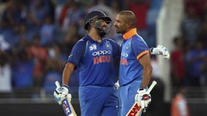 India's captain Rohit Sharma, left, hugs to congratulate teammate Shikhar Dhawan on scoring a century during the one day international cricket match of Asia Cup between India and Pakistan.(AP) India's captain Rohit Sharma, left, hugs to congratulate teammate Shikhar Dhawan on scoring a century during the one day international cricket match of Asia Cup between India and Pakistan.(AP)