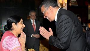 External Affairs Minister Sushma Swaraj greets Tredos Adhanom Ghebreyesus, Director General, World Health Organisation (WHO) on the sidelines of UN General Assembly in New York, September 23, 2018.(PTI) External Affairs Minister Sushma Swaraj greets Tredos Adhanom Ghebreyesus, Director General, World Health Organisation (WHO) on the sidelines of UN General Assembly in New York, September 23, 2018.(PTI)