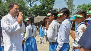 Congress president Rahul Gandhi meeting students on the first day of his two-day visit to Amethi.(PTI Photo) Congress president Rahul Gandhi meeting students on the first day of his two-day visit to Amethi.(PTI Photo)