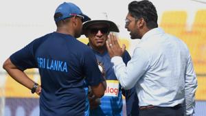 Former Sri Lankan cricket captain Kumar Sangakkara (R) talks with Sri Lankan coach Chandika Hathurusingha (C) and batting coach Thilan Samaraweera(AFP) Former Sri Lankan cricket captain Kumar Sangakkara (R) talks with Sri Lankan coach Chandika Hathurusingha (C) and batting coach Thilan Samaraweera(AFP)