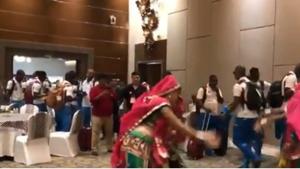 A video grab of the traditional welcome that the West Indies team were given at their hotel.(Twitter/Windies Cricket) A video grab of the traditional welcome that the West Indies team were given at their hotel.(Twitter/Windies Cricket)