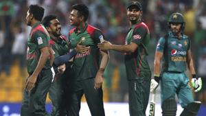 Bangladesh's Mustafizur Rahman, third left, celebrates with teammates the dismissal of Pakistan's Mohammad Nawaz, right, during the one day international cricket match of Asia Cup between Pakistan and Bangladesh in Abu Dhabi, United Arab Emirates, Wednesday, Sept. 26, 2018. (AP Photo/Aijaz Rahi)(AP) Bangladesh's Mustafizur Rahman, third left, celebrates with teammates the dismissal of Pakistan's Mohammad Nawaz, right, during the one day international cricket match of Asia Cup between Pakistan and Bangladesh in Abu Dhabi, United Arab Emirates, Wednesday, Sept. 26, 2018. (AP Photo/Aijaz Rahi)(AP)