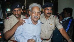 Revolutionary writer P Varavara Rao, arrested in connection with the Bhima Koregaon case, being produced at a court in Pune on Wednesday, Aug 29, 2018.(PTI File Photo) Revolutionary writer P Varavara Rao, arrested in connection with the Bhima Koregaon case, being produced at a court in Pune on Wednesday, Aug 29, 2018.(PTI File Photo)