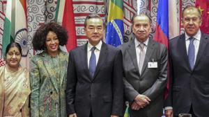 Foreign Ministers of BRICS nations ( from left) Sushma Swaraj of India, Lindiwe Nonceba Sisulu of South Africa, Wang Yi of China, Aloysio Nunes Ferreira of Brazil and Sergey Lavrov of Russia pose for a photograph before their meeting on the sidelines of 73rd UNGA at the UN headquarters in New York, Thursday, September 27, 2018.(PTI) Foreign Ministers of BRICS nations ( from left) Sushma Swaraj of India, Lindiwe Nonceba Sisulu of South Africa, Wang Yi of China, Aloysio Nunes Ferreira of Brazil and Sergey Lavrov of Russia pose for a photograph before their meeting on the sidelines of 73rd UNGA at the UN headquarters in New York, Thursday, September 27, 2018.(PTI)