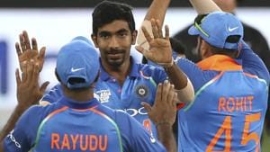 India's Jasprit Bumrah, center, celebrates with teammates during the Asia Cup 2018.(AP) India's Jasprit Bumrah, center, celebrates with teammates during the Asia Cup 2018.(AP)