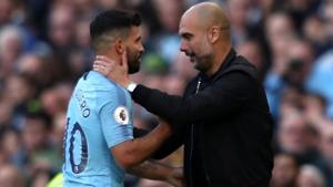 Manchester City's Sergio Aguero with manager Pep Guardiola after being substituted off.(REUTERS) Manchester City's Sergio Aguero with manager Pep Guardiola after being substituted off.(REUTERS)