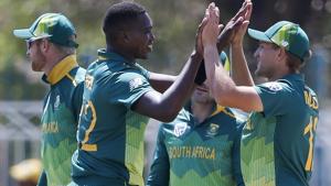 South Africa's Lungi Ngidi (L) celebrates after dismissing Zimbabwe's Kyle Jarvis during the first One Day International.(AFP) South Africa's Lungi Ngidi (L) celebrates after dismissing Zimbabwe's Kyle Jarvis during the first One Day International.(AFP)