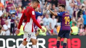 Barcelona's Munir El Haddadi celebrates after scoring against Athletic Bilbao.(REUTERS) Barcelona's Munir El Haddadi celebrates after scoring against Athletic Bilbao.(REUTERS)