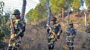 Border Security Force (BSF) jawans patrol near Line of Control (LoC) in Poonch. A BSF jawan allegedly committed suicide by shooting himself from his service rifle inside a camp in Rajouri district of Jammu and Kashmir, officials said on Sunday.(PTI File Photo)