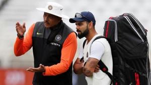 File image of India skipper Virat Kohli (right) with head coach Ravi Shastri.(REUTERS) File image of India skipper Virat Kohli (right) with head coach Ravi Shastri.(REUTERS)