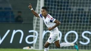 Delhi Dynamos’ Rana Gharami celebrates after scoring a goal against FC Pune City(Delhi Dynamos/ Twitter) Delhi Dynamos’ Rana Gharami celebrates after scoring a goal against FC Pune City(Delhi Dynamos/ Twitter)