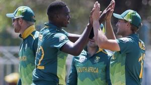 South Africa's Lungi Ngidi (L) celebrates after dismissing Zimbabwe's Kyle Jarvis during the first One Day International cricket match between South Africa and Zimbabwe at the Diamond Oval in Kimberley on September 30, 2018. (Photo by Wikus DE WET / AFP)(AFP) South Africa's Lungi Ngidi (L) celebrates after dismissing Zimbabwe's Kyle Jarvis during the first One Day International cricket match between South Africa and Zimbabwe at the Diamond Oval in Kimberley on September 30, 2018. (Photo by Wikus DE WET / AFP)(AFP)
