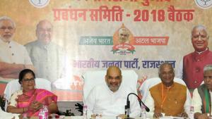 BJP president Amit Shah held a meeting with Rajasthan chief minister Vasundhara Raje and senior party members at the party office during his recent visit to Jaipur.(HT Photo) BJP president Amit Shah held a meeting with Rajasthan chief minister Vasundhara Raje and senior party members at the party office during his recent visit to Jaipur.(HT Photo)