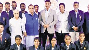 Union sports minister Rajyavardhan Singh Rathore with Asian Games winners at a felicitation ceremony in New Delhi.(Amal KS / HT File) Union sports minister Rajyavardhan Singh Rathore with Asian Games winners at a felicitation ceremony in New Delhi.(Amal KS / HT File)