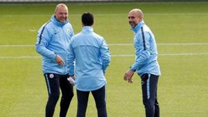 Soccer Football - Champions League - Manchester City Training - The City Football Academy, Manchester, Britain - October 1, 2018 Manchester City manager Pep Guardiola and assistant coach Rodolfo Borrell during training Action Images via Reuters/Craig Brough(REUTERS) Soccer Football - Champions League - Manchester City Training - The City Football Academy, Manchester, Britain - October 1, 2018 Manchester City manager Pep Guardiola and assistant coach Rodolfo Borrell during training Action Images via Reuters/Craig Brough(REUTERS)