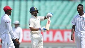 West Indies cricketers Kraigg Brathwaite (L) and Sherman Lewis (R) look on as Indian captain Virat Kohli reacts after getting dismissed.(AFP) West Indies cricketers Kraigg Brathwaite (L) and Sherman Lewis (R) look on as Indian captain Virat Kohli reacts after getting dismissed.(AFP)