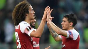 Arsenal's players celebrate after winning the UEFA Europa League group E football match between Qarabag FK.(AFP) Arsenal's players celebrate after winning the UEFA Europa League group E football match between Qarabag FK.(AFP)