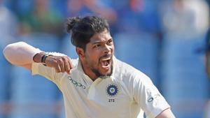 Rajkot: Indian bowler Umesh Yadav celebrates the wicket of West Indies batsman Keemo Paul during the first test cricket match played between India and West Indies.(PTI) Rajkot: Indian bowler Umesh Yadav celebrates the wicket of West Indies batsman Keemo Paul during the first test cricket match played between India and West Indies.(PTI)