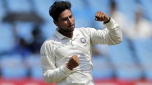 IKuldeep Yadav celebrates after the dismissal of West Indies' Shai Hope in Rajkot.(AP) IKuldeep Yadav celebrates after the dismissal of West Indies' Shai Hope in Rajkot.(AP)
