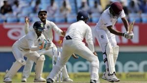 West Indies' cricketer Shannon Gabriel, right, is stumped out by India's Rishabh Pant.(AP) West Indies' cricketer Shannon Gabriel, right, is stumped out by India's Rishabh Pant.(AP)