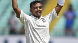 Prithvi Shaw celebrates his century on Day 1 of the first Test between India and West Indies in Rajkot,(PTI) Prithvi Shaw celebrates his century on Day 1 of the first Test between India and West Indies in Rajkot,(PTI)
