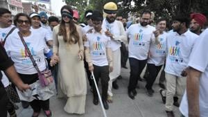 Last year, Navjot Singh Sidhu marched with blind students to mark World Sight Day at Sector 17, Chandigarh, October 12,2017(Hindustan Times)