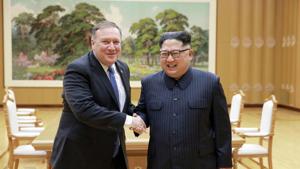 In this May 9, 2018 photo, US secretary of state Mike Pompeo, left, shakes hands with North Korean leader Kim Jong Un during a meeting at Workers' Party of Korea headquarters in Pyongyang, North Korea.(AP File Photo) In this May 9, 2018 photo, US secretary of state Mike Pompeo, left, shakes hands with North Korean leader Kim Jong Un during a meeting at Workers' Party of Korea headquarters in Pyongyang, North Korea.(AP File Photo)