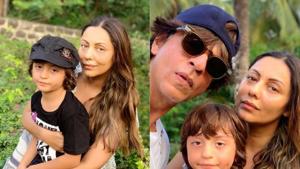 Gauri Khan shared a picture with husband Shah Rukh Khan and son AbRam on her birthday.(Instagram) Gauri Khan shared a picture with husband Shah Rukh Khan and son AbRam on her birthday.(Instagram)