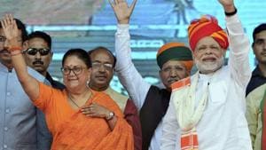 Prime Minister Narendra Modi and Rajasthan Chief Minister Vasundhara Raje during a public meeting in Ajmer, Saturday, Oct 6, 2018. Rajasthan goes to poll on December 7.(PTI) Prime Minister Narendra Modi and Rajasthan Chief Minister Vasundhara Raje during a public meeting in Ajmer, Saturday, Oct 6, 2018. Rajasthan goes to poll on December 7.(PTI)