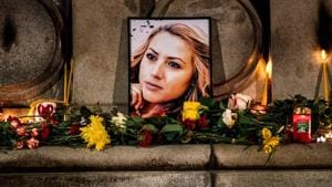 A portrait of slain Bulgarian television journalist Viktoria Marinova during in a candle-light vigil in the city of Rousse.(AFP) A portrait of slain Bulgarian television journalist Viktoria Marinova during in a candle-light vigil in the city of Rousse.(AFP)