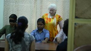 Shweta Varma, one of the blind trainers at National Association for Blind training students in the breast cancer course.(Athar Rather/HT Photo) Shweta Varma, one of the blind trainers at National Association for Blind training students in the breast cancer course.(Athar Rather/HT Photo)