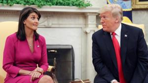 US President Donald Trump talks with UN ambassador Nikki Haley in the Oval Office of the White House after it was announced the president had accepted Haley's resignation in Washington, US, October 9, 2018(REUTERS)