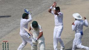 Pakistan cricketer Muhammad Abbas (2R) celebrates with teammates after taking the wicket of Austalian batsman Aaron Finch (2L) during the third day of play of the first Test cricket match in the series between Australia and Pakistan at the Dubai International Stadium in Dubai on October 9, 2018.(AFP) Pakistan cricketer Muhammad Abbas (2R) celebrates with teammates after taking the wicket of Austalian batsman Aaron Finch (2L) during the third day of play of the first Test cricket match in the series between Australia and Pakistan at the Dubai International Stadium in Dubai on October 9, 2018.(AFP)