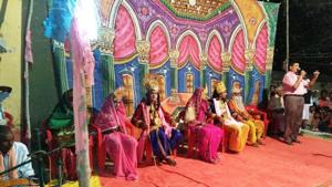 The stage is set for the Ramlila — the dramatic re-enactment of the life of Hindu god Lord Ram performed in the run-up to Dussehra — in this small Bihar village, with Muslims plentiful among the performers, organisers and the audience.(HT Photo) The stage is set for the Ramlila — the dramatic re-enactment of the life of Hindu god Lord Ram performed in the run-up to Dussehra — in this small Bihar village, with Muslims plentiful among the performers, organisers and the audience.(HT Photo)