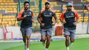 File photo of Mohammed Shami, Umesh Yadav and Shardul Thakur during a practice session.(PTI) File photo of Mohammed Shami, Umesh Yadav and Shardul Thakur during a practice session.(PTI)