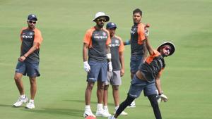 Indian cricketers (L to R) Kuldeep Yadav, Lokesh Rahul, Prithvi Shaw, Umesh Yadav look on as Mohammed Siraj throws a ball during a training session ahead of the second Test cricket match between India and West Indies at the Rajiv Gandhi International Cricket Stadium in Hyderabad.(AFP) Indian cricketers (L to R) Kuldeep Yadav, Lokesh Rahul, Prithvi Shaw, Umesh Yadav look on as Mohammed Siraj throws a ball during a training session ahead of the second Test cricket match between India and West Indies at the Rajiv Gandhi International Cricket Stadium in Hyderabad.(AFP)