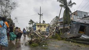 A damaged mobile tower seen struck down on road due to Cyclone Titli at Barua village of Srikakulam in Andhra Pradesh on Thursday.(PTI) A damaged mobile tower seen struck down on road due to Cyclone Titli at Barua village of Srikakulam in Andhra Pradesh on Thursday.(PTI)