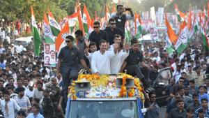 Congress president Rahul Gandhi waves to his supporters during a roadshow, at Jabalpur, in Madhya Pradesh on October 6.(HT File Photo/Mujeeb Faruqui) Congress president Rahul Gandhi waves to his supporters during a roadshow, at Jabalpur, in Madhya Pradesh on October 6.(HT File Photo/Mujeeb Faruqui)