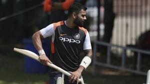 Indian cricket captain Virat Kohli gestures to team members during a practice session ahead of their second test match against West Indies in Hyderabad.(AP) Indian cricket captain Virat Kohli gestures to team members during a practice session ahead of their second test match against West Indies in Hyderabad.(AP)