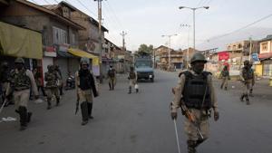 Shops, public transport, businesses and educational institutions remained closed, skeletal private transport though moved in Srinagar city roads.(AP) Shops, public transport, businesses and educational institutions remained closed, skeletal private transport though moved in Srinagar city roads.(AP)