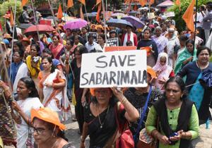 Devotees participate in a march against the Supreme Court verdict on the entry of women of all ages into the Sabarimala Lord Ayyappa Temple in Ernakulam, October 13(PTI) Devotees participate in a march against the Supreme Court verdict on the entry of women of all ages into the Sabarimala Lord Ayyappa Temple in Ernakulam, October 13(PTI)