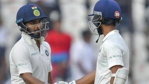 Rishabh Pant (L) and Ajinkya Rahane added put on an unbeaten partnership of 146 runs for the fifth wicket against West Indies.(AP) Rishabh Pant (L) and Ajinkya Rahane added put on an unbeaten partnership of 146 runs for the fifth wicket against West Indies.(AP)