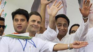 Congress president Rahul Gandhi, Congress leader (second L) Jyotiraditya Scindia (L) during a roadshow in Bhopal, Sept 17, 2018.(PTI File Photo) Congress president Rahul Gandhi, Congress leader (second L) Jyotiraditya Scindia (L) during a roadshow in Bhopal, Sept 17, 2018.(PTI File Photo)