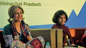 Author Anuja Chauhan and Aditi Inamdar interacting with the audience during a session at the Khushwant Singh Literature Festival in Kasauli.(HT Photo)